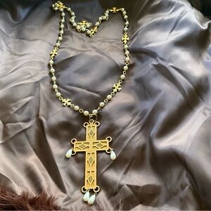Gold Cross Pendant Necklace with Pearl Accents